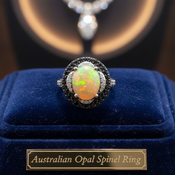 925 Sterling Silver Jewelry - Australian Opal Spinel Ring - Multicolor Opal with Black Spinel Halo